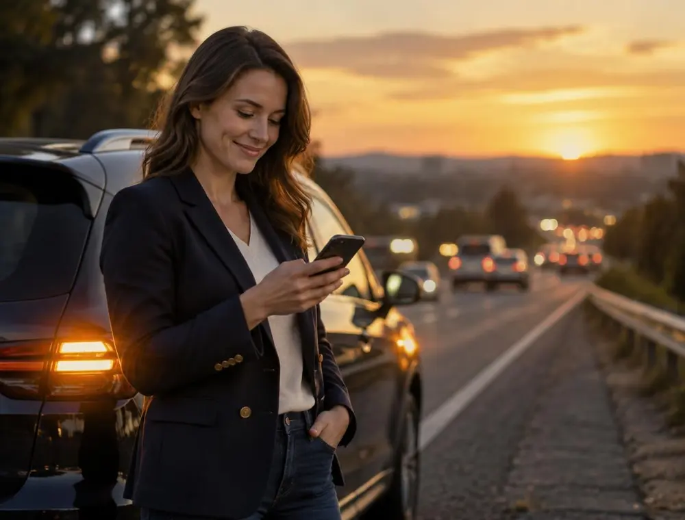 Cliente rassurée au téléphone près de sa voiture